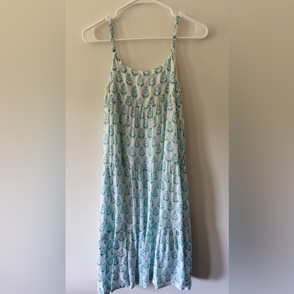 J. Marie Teal Block Print Tiered Midi Dress XS